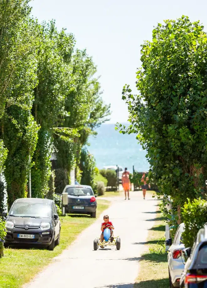 Un enfant conduit joyeusement un chariot à pédales sur un chemin bordé d'arbres dans une zone de camping près de la mer, avec des voitures garées et des mobil-homes de chaque côté, capturant l'essence charmante du Sud Finistère.