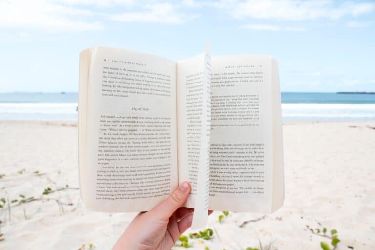 Une personne profite de ses vacances, tenant un livre ouvert sur une plage de sable avec l'océan et un ciel bleu nuageux en arrière-plan, perdue dans un monde de feu.